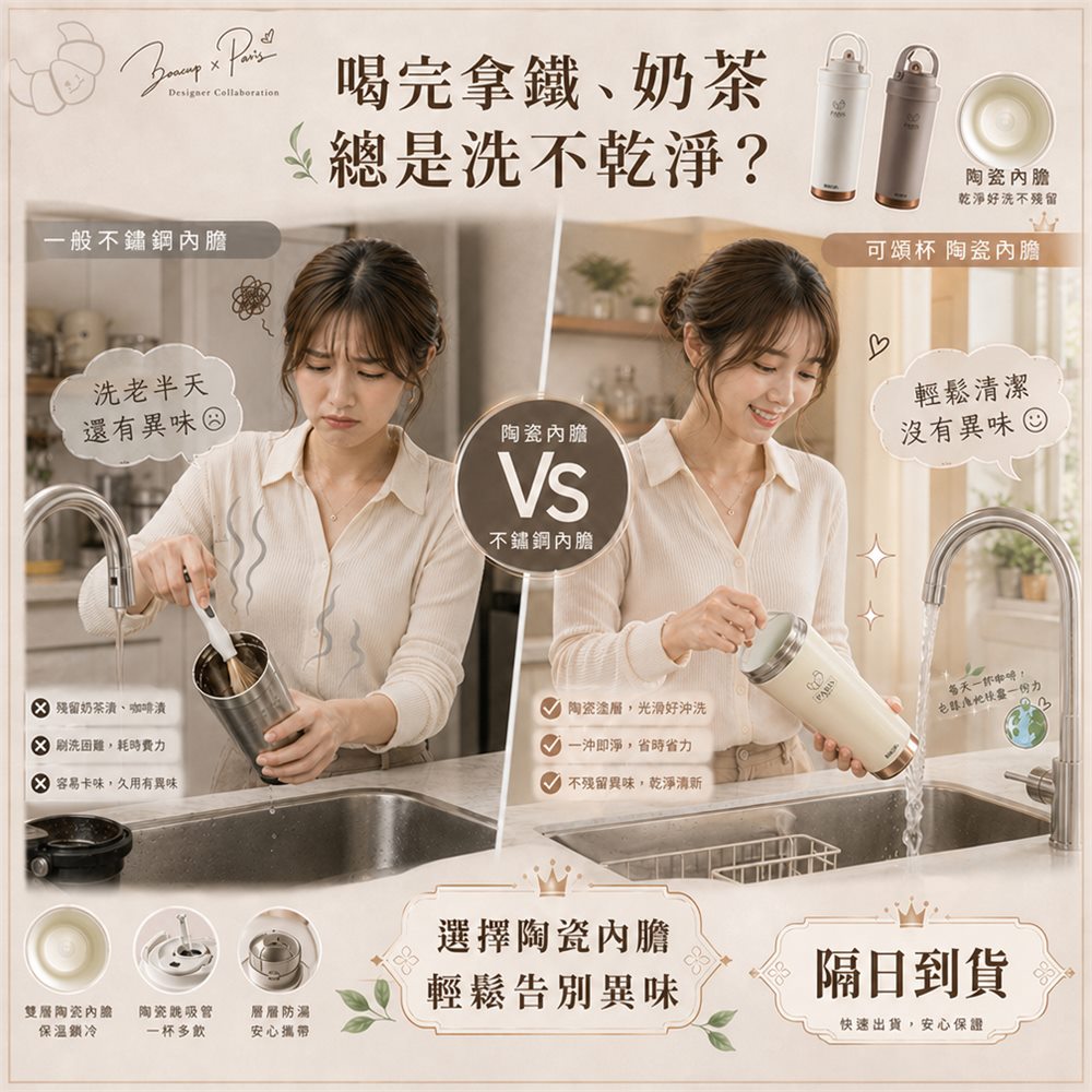 台灣設計師款陶瓷內膽 可頌杯 750ml 圖3